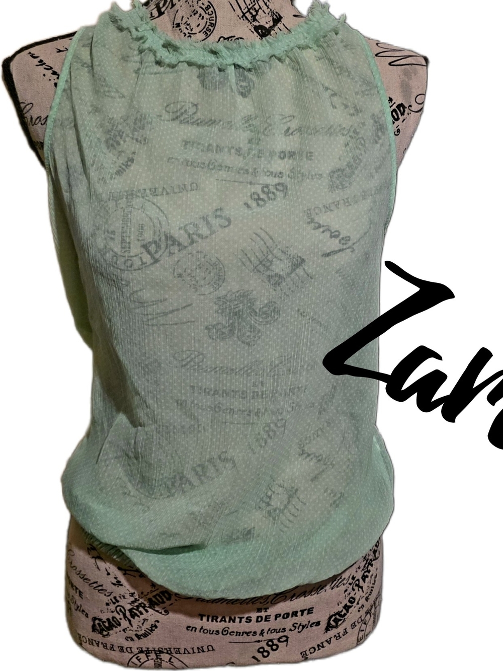 Zara Sheer Green White   Sleeveless Ruffled Neck Women's Top Keyhole Back Med